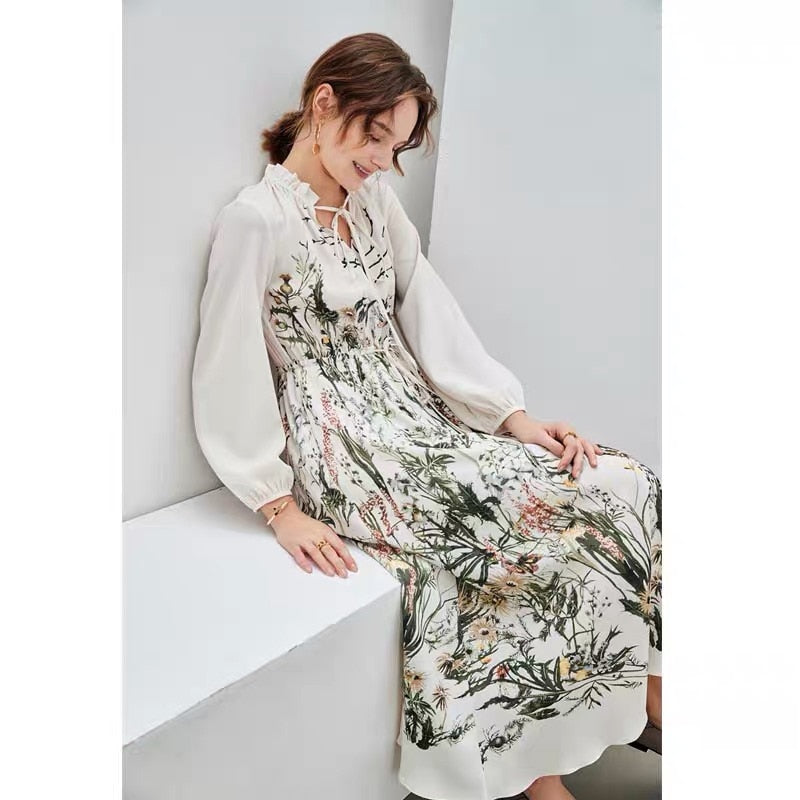 Celebrity Designer Style French Tropical Floral Printed Loose Midi Dress Women Autumn Winter Long Sleeve Dresses