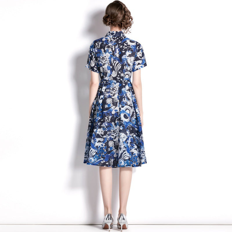 Blue Floral Printed Blouse Dress Women Turn-Down Collar Casual Short Sleeve High Waist Designer Traf Midi Dresses Party Clothes