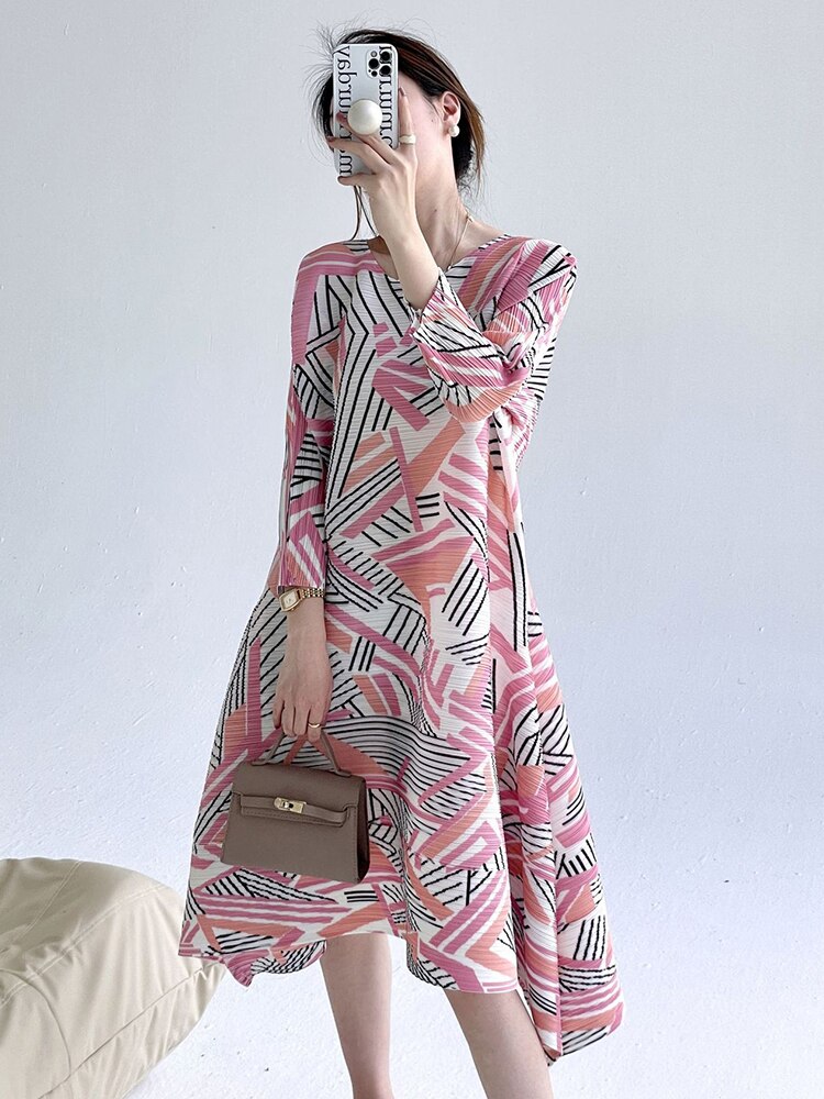 Pleated Dress For Women Contrast Color Printed Round Neck Long Sleeves A-line Dresses Designer
