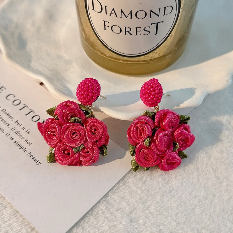 Sen series handmade fabric rose flower earrings