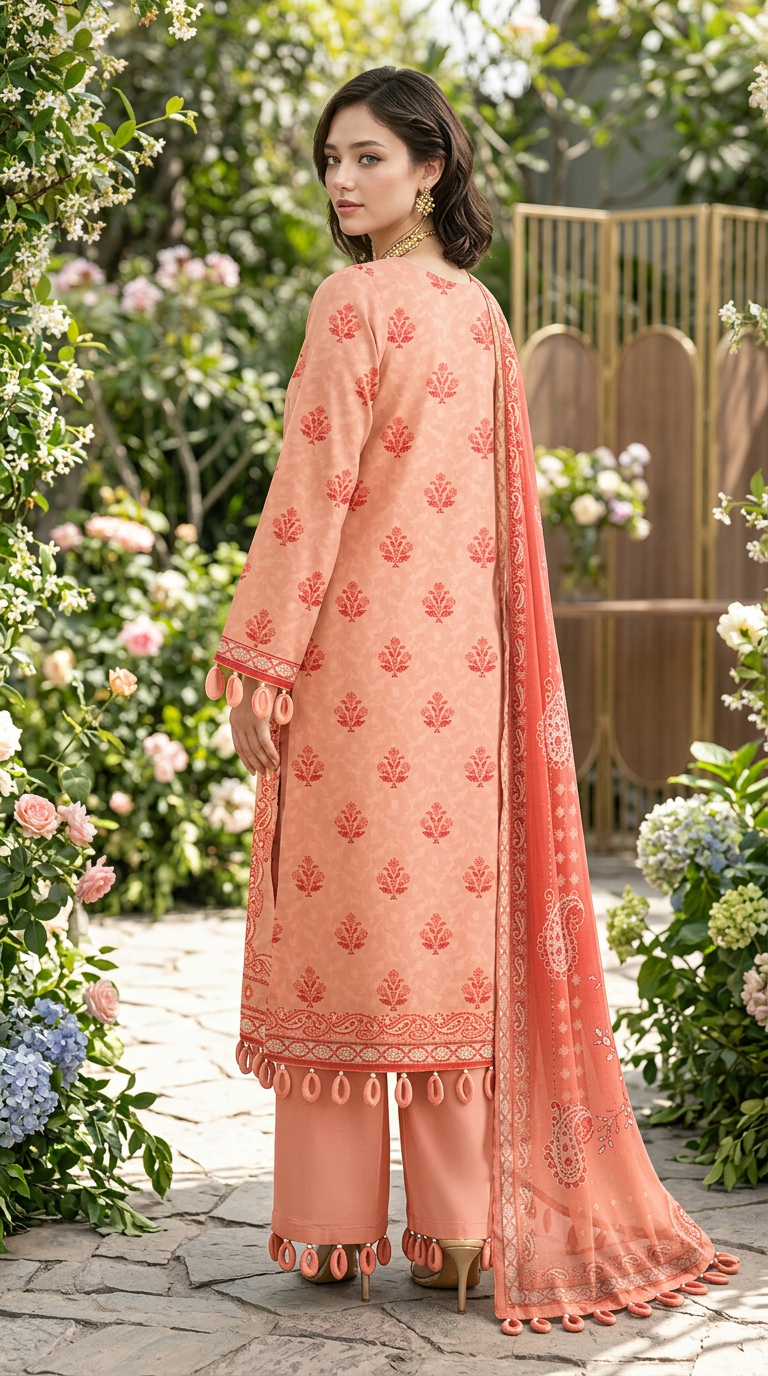 stunning Peach Printed Lawn 3-Piece Set,