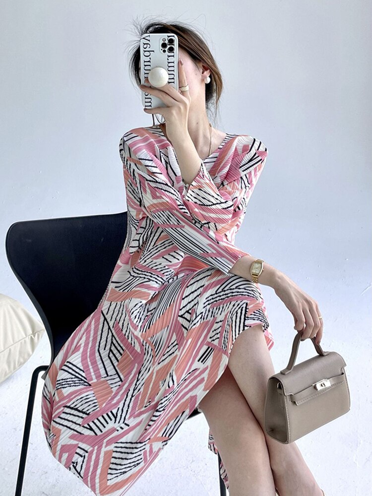 Pleated Dress For Women Contrast Color Printed Round Neck Long Sleeves A-line Dresses Designer