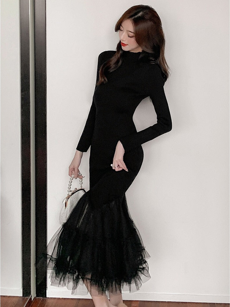 Designer Stylish Black Midi Dresses For Women Patchwork Ruffles Mesh Ruched Slimy Mermaid Party Dress