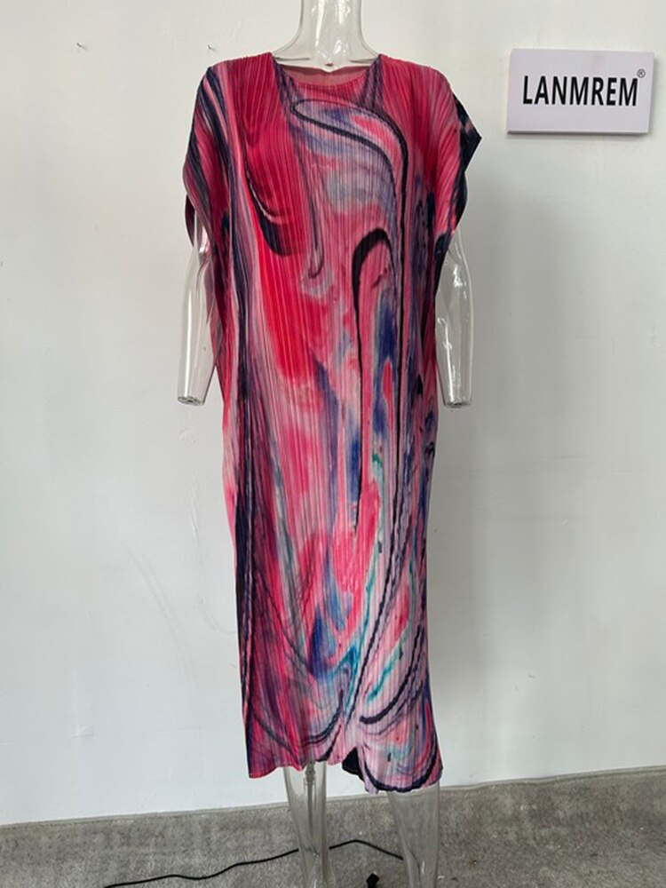 Holiday Pleated Dress For Women Designer Printed Round Neck Straight Dresses Casual Female Clothing