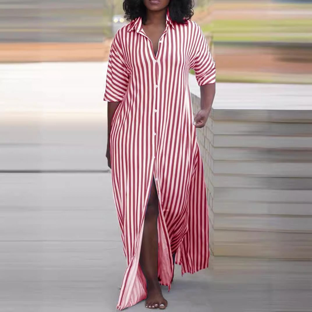 Summer fashion loose V-neck long striped shirt dress for women