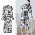 Women Designer Gray Printed Stand Collar Lantern Sleeve Maxi Dresses Lady Casual Party Backless Fashion Dresses Party New