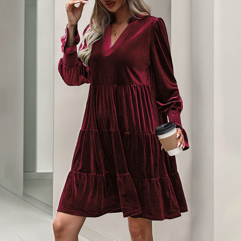 Long Sleeve Spliced Dress Evening Dress Velvet Dress