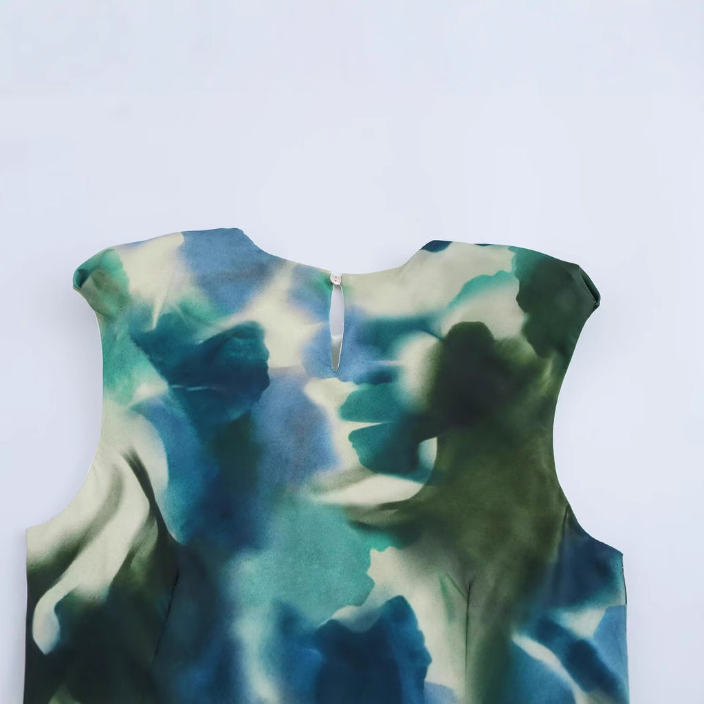 Summer fashion temperament silk texture printed MIDI dress for women