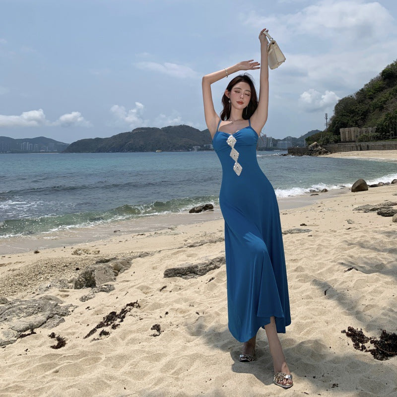 Charming Vacation Style Blue Knit Strapless Dress for Women Summer
