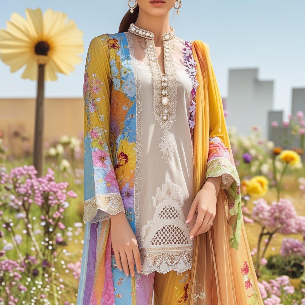 "Luxury Multi Floral Embroidered Lawn 3-Piece Suit with Chiffon Dupatta | Summer Collection"