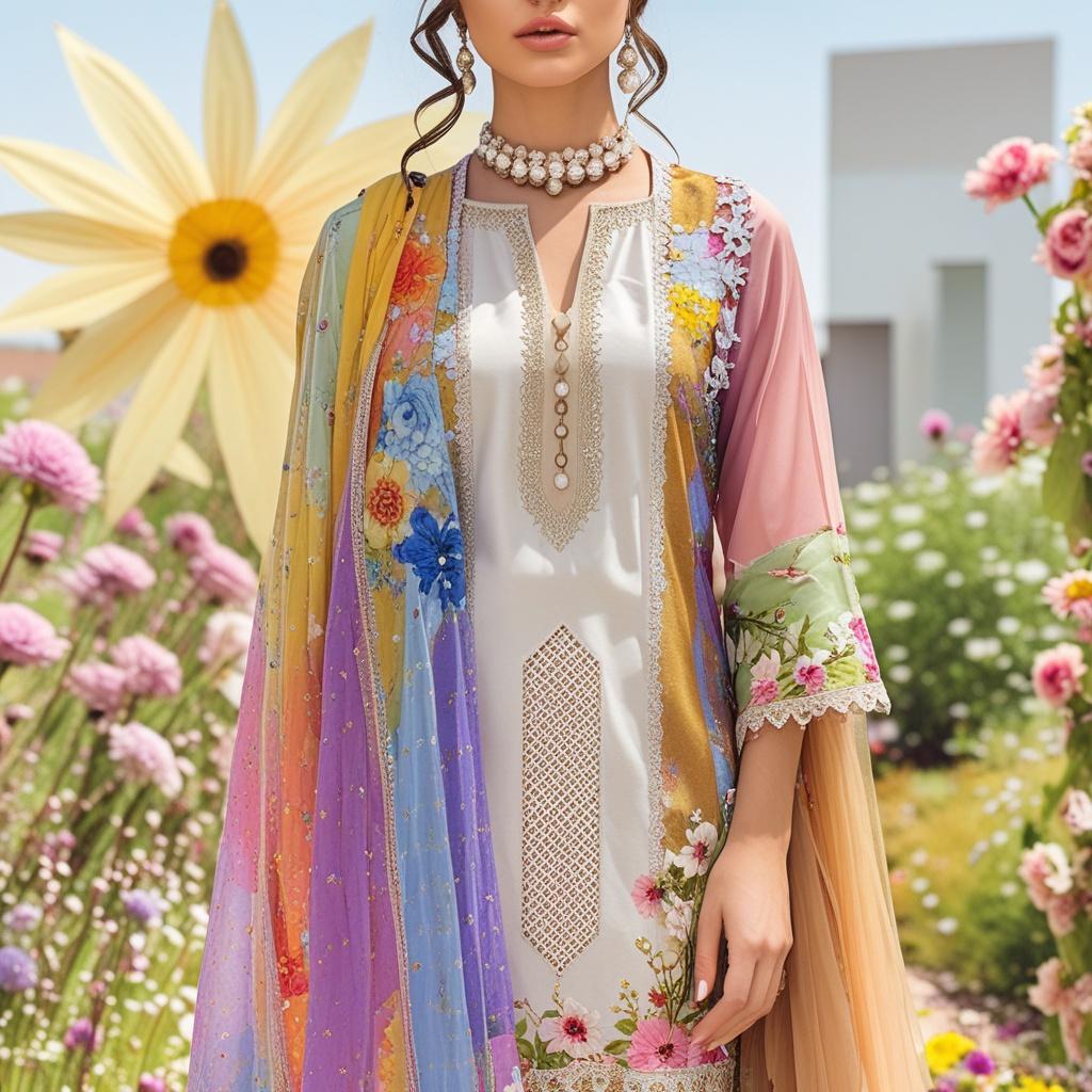 "Luxury Multi Floral Embroidered Lawn 3-Piece Suit with Chiffon Dupatta | Summer Collection"