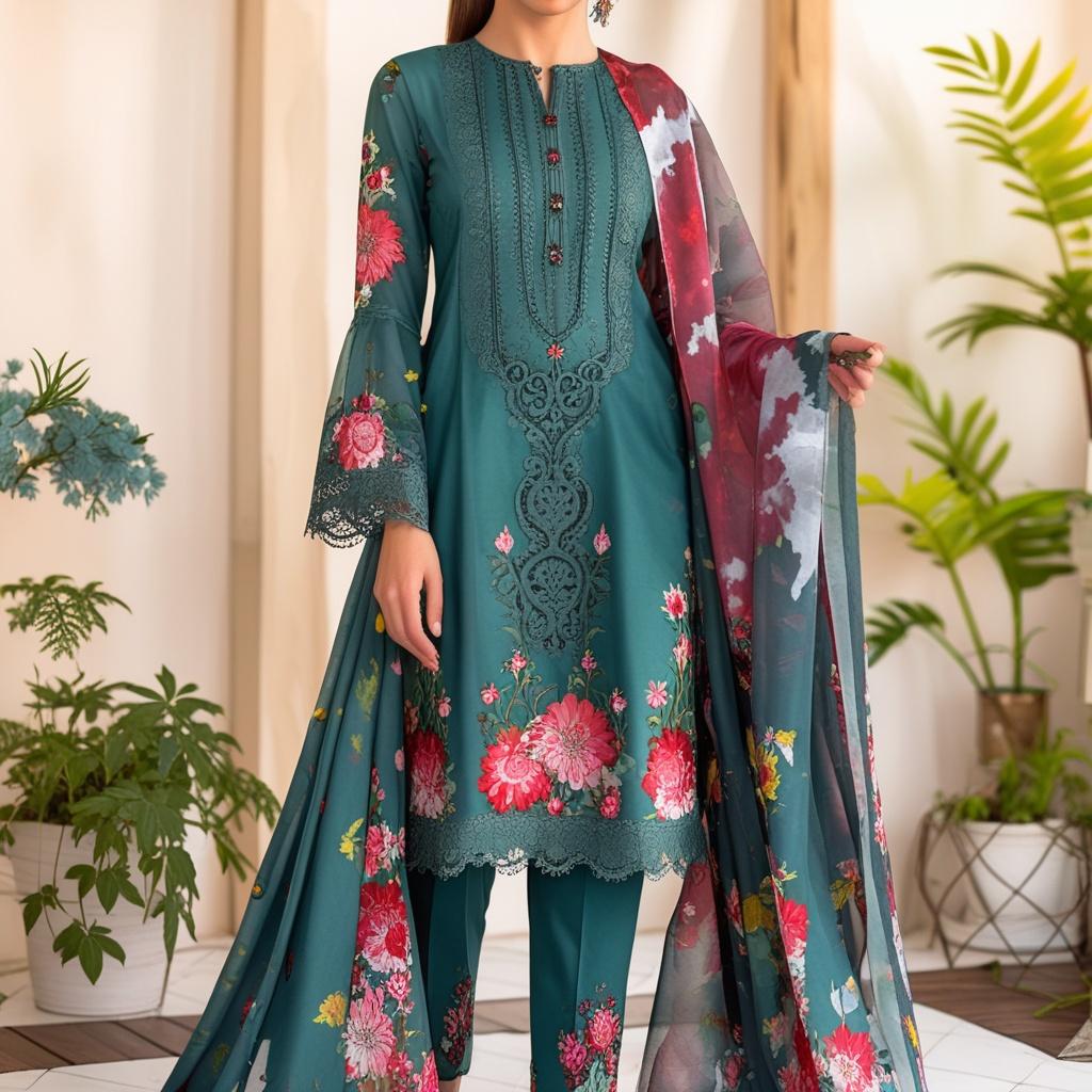 "Elegant Floral Embroidered Lawn 3-Piece Unstitched Suit with Chiffon Dupatta | Summer Collection"