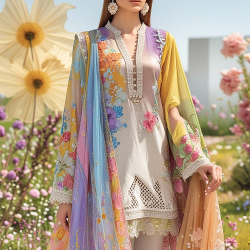 "Luxury Multi Floral Embroidered Lawn 3-Piece Suit with Chiffon Dupatta | Summer Collection"