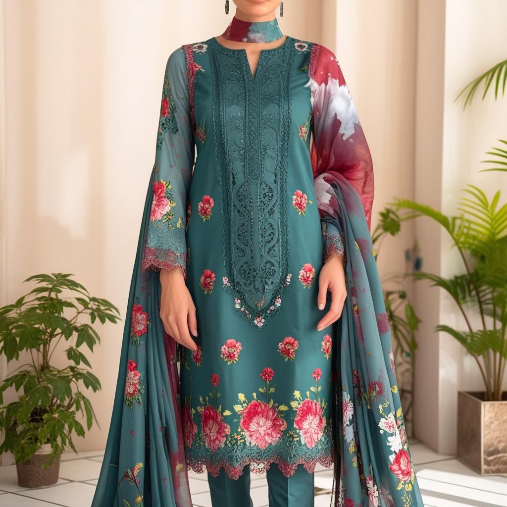 "Elegant Floral Embroidered Lawn 3-Piece Unstitched Suit with Chiffon Dupatta | Summer Collection"